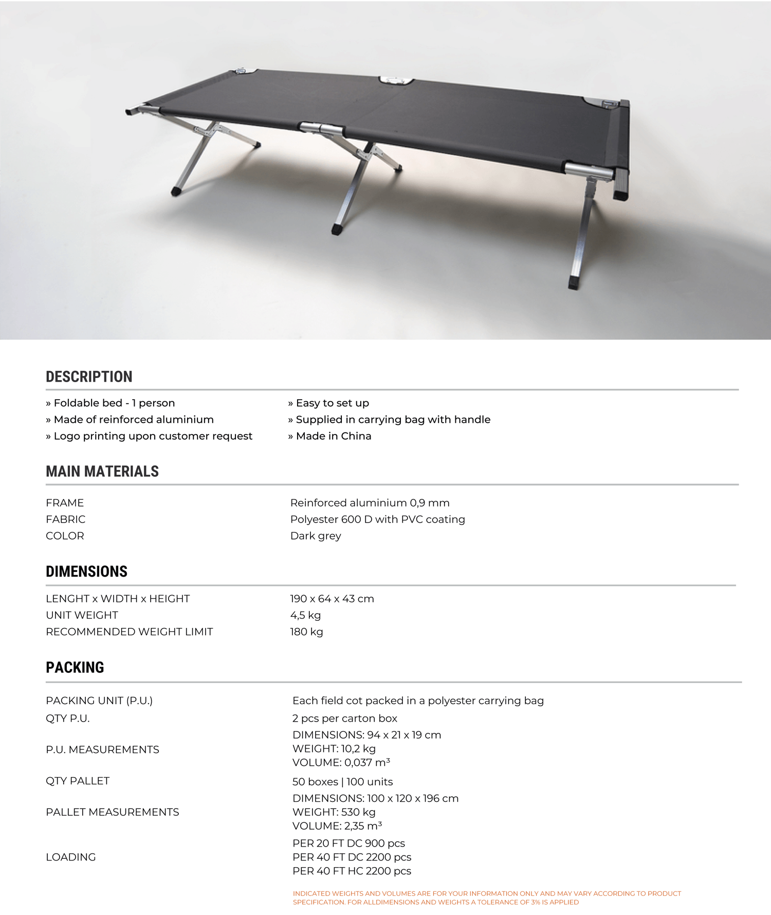 Aluminium Field Cot 09mm Reduced Thickness 1